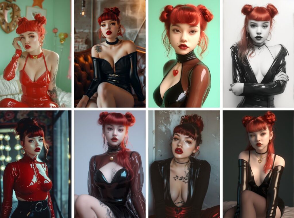 a gothic pin-up girl with red hair in twin buns, latex outfit, pale skin, seductive look, highly detailed, cinematic lighting, futuristic bar setting --v 6 --style raw --ar 2:3 --cref https://somesite.com/mycharacter.jpg