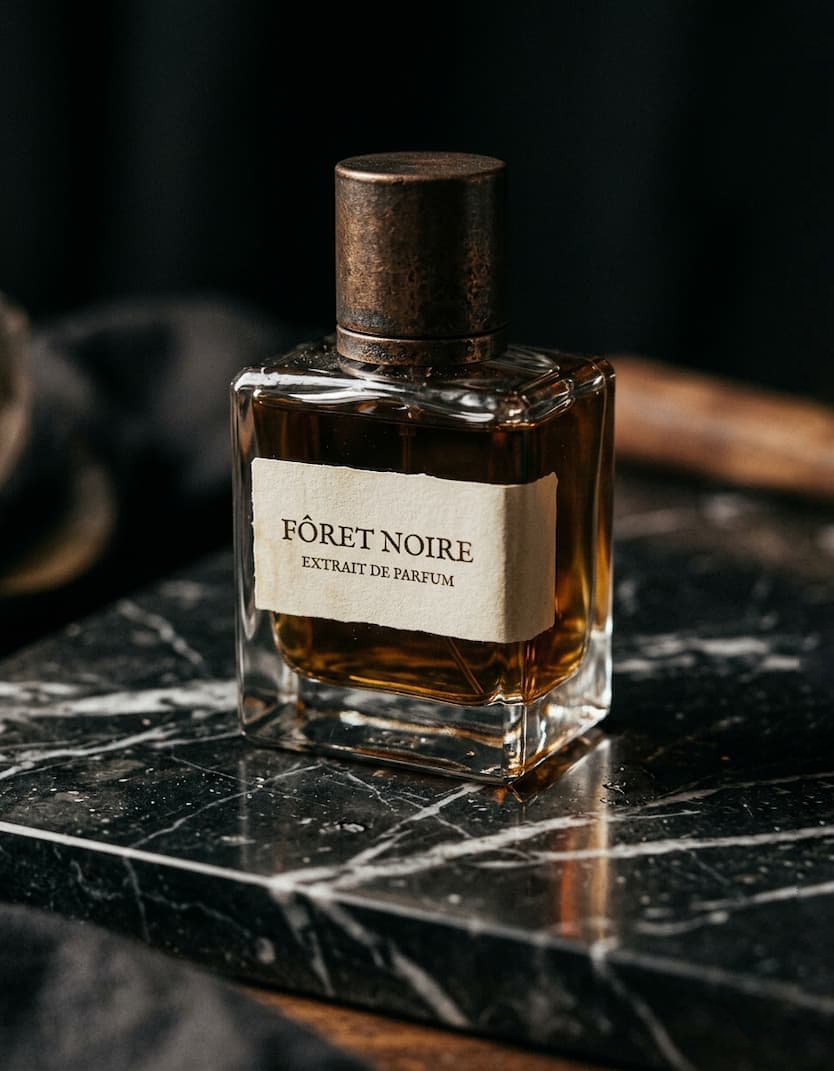 product photography, glass perfume bottle on marble surface, moody lighting --ar 3:4 --chaos 40 --r 6