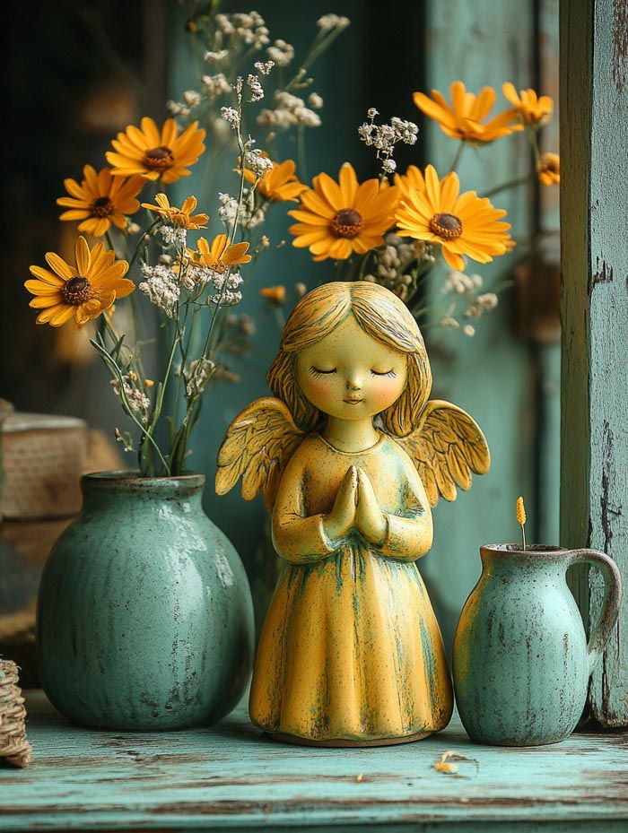 ceramic yellow angel on the green wooden table --s 500. 