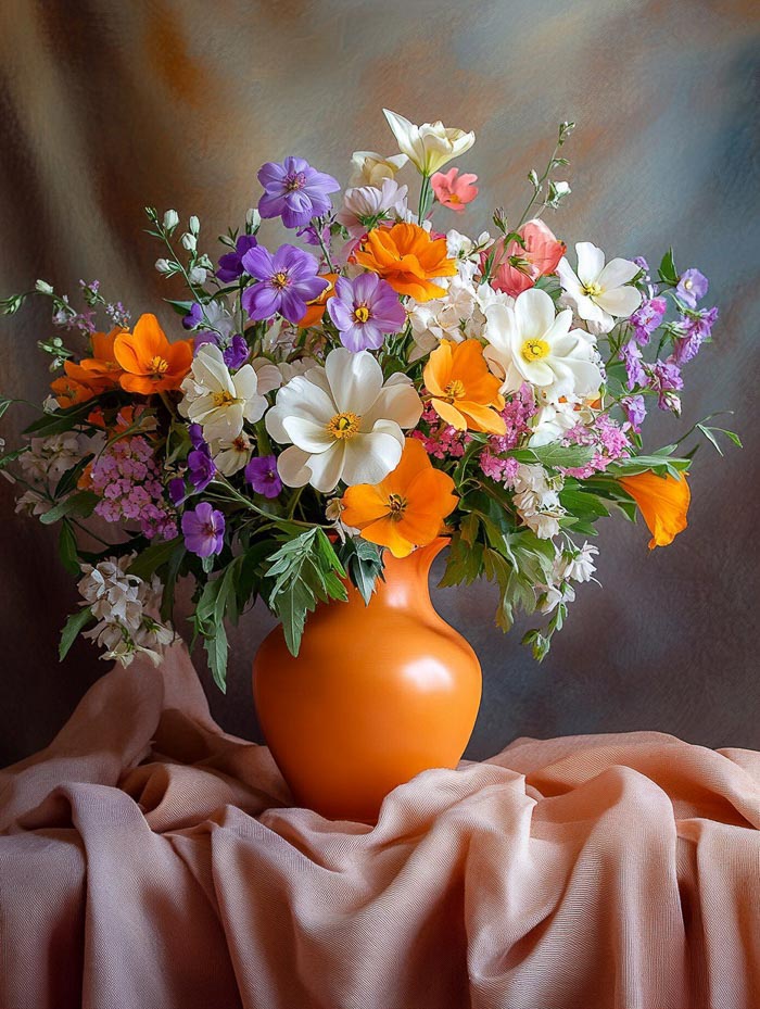 flower bouquet on the table in ceramic orange vase, без параметра --no