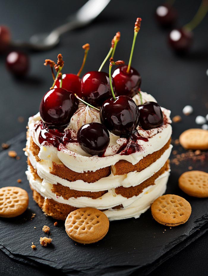 product photography, cake made of cream, cookies and cherries