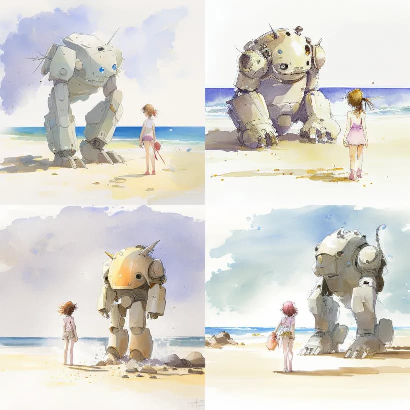a gentle robot meeting a young girl on a sunny beach, watercolor style, anime inspired, Studio Ghibli aesthetic, soft pastel colors, highly detailed, emotional atmosphere, serene, full body view, by Hayao Miyazaki --v 5.2 --ar 1:1 --style raw --seed 123456