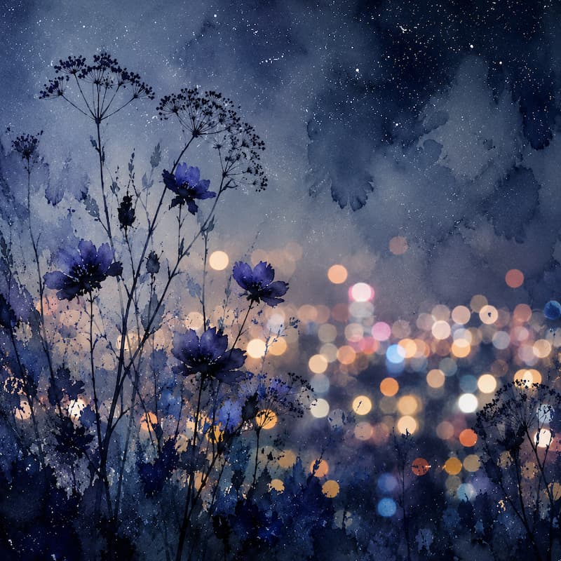 watercolor. Night city plus Flowers