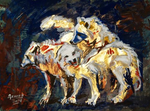 Волки в берлинском зоопарке. (В Золоте) 2014г. 30х40. бум., акрил.