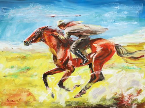 Ковбой, уворачивающий от стрелы индейца. 60х80. Холст, масло. 2015
